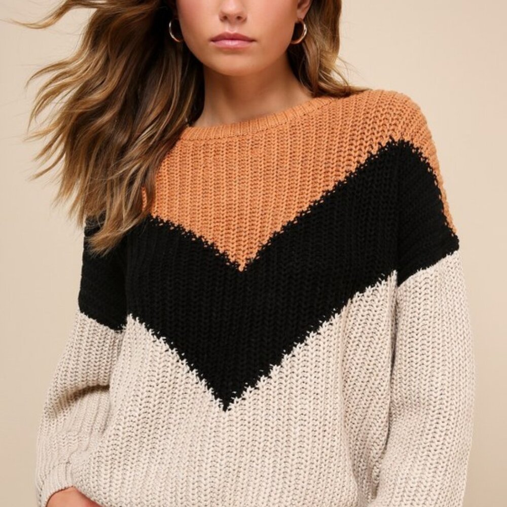 Lulus Autumn Leaves Tan Multi Chevron Stripe Knit Sweater Beige - Size S